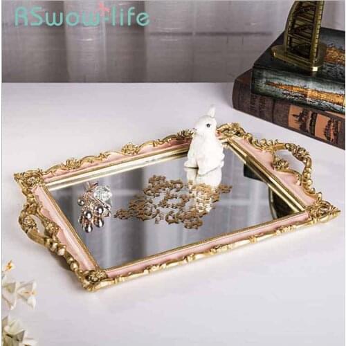33.5*25.5*4cm European Resin Jewelry Trays Pink Inlaid Gold Mirror Service Tray Home Jewelry Tray Decoration Food Trays
