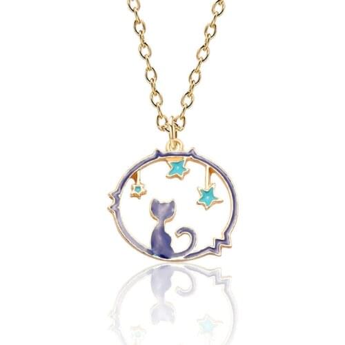 Cute Girls Enamel Kitty Star Necklace Women Korea Style Gold Color Cat in Starry Sky Pendant Necklace Female Jewelry Party Gift