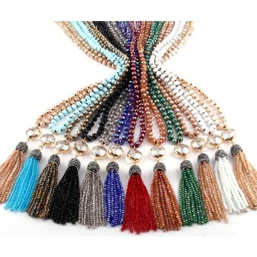 Fashion Bohemian Tribal Jewelry Long Glass Knotted Crystal Link Tassel Necklaces Women Ethnic Necklace