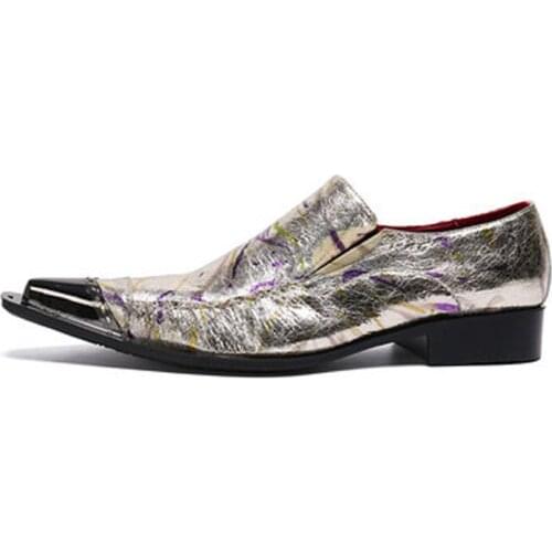 Genuine Leather Western Fashion Pointed Metal Toe Dress Shoes Gold Party Wedding Leather Shoes for Men EU35-47 zapato hombre