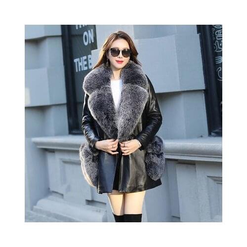 New Leather Jacket Winter Coat Women Large Faux Fox Fur Collar Slim Long Jackets Office Lady Elegant PU Coats