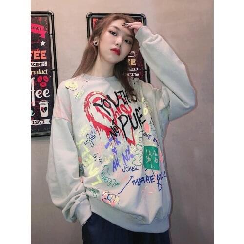 Homemade/2019 New Hip-hop Street Graffiti Printed Loose Bf Long Sleeve Sanitary Clothes for Men and Women hoodies sweatshirts