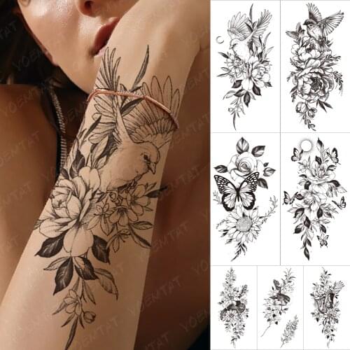 Waterproof Temporary Sleeve tatooo Sticker Bird Wing Moon Flower Leaf Painted Arm tattoos Male Women Body Art Fake tatoo Black