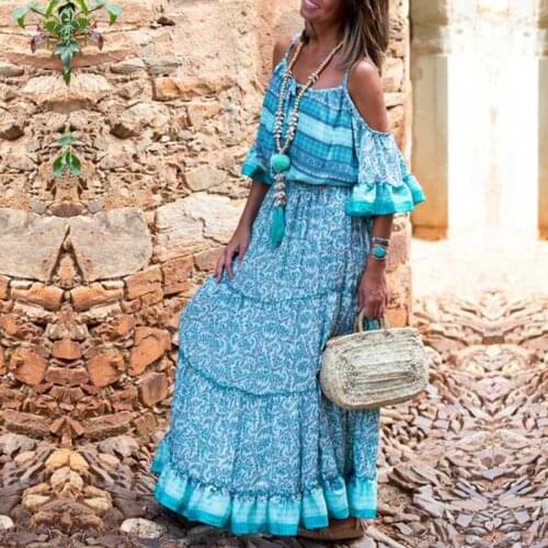 Summer Floral Dress Women 2021 Boho Spaghetti Strap Backless Maxi Dresses Off Shoulder Ruffles Flowy Evening Party Dress Vestido