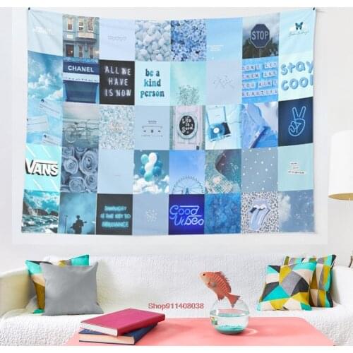 Blue vsco collage tapestry Wall Tapestry Wall Hanging Wall Decor Blanket Bedding Curtain Throw