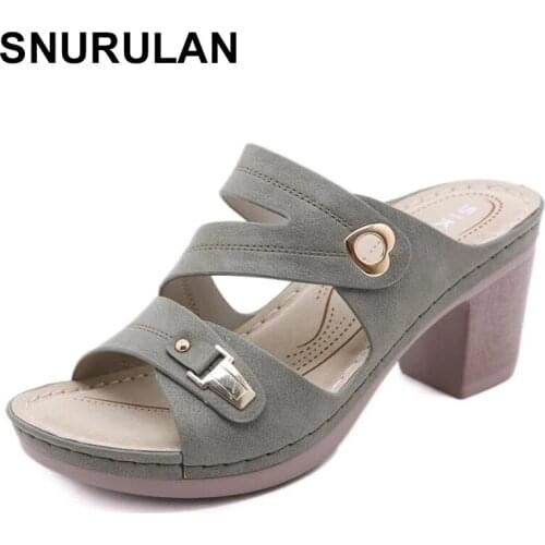 SNURULANWomen New 2021 Sandals Open Toe 7.5cm High Block Heels Platform Slip-On Heart Simple All-Match Casual Summer