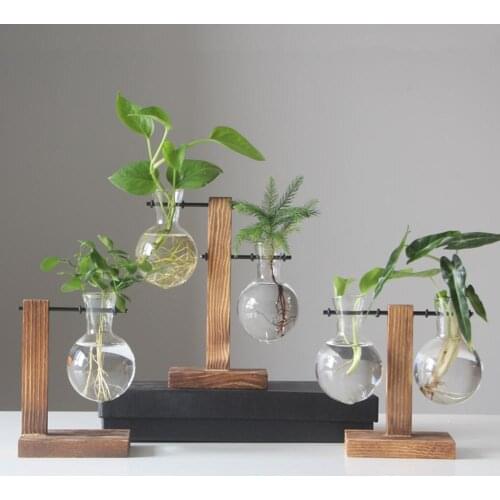 Wooden Frame Glass Vase Planter Desktop Hydroponics Plant Bonsai Flower Pot glass flower vase home decoration ваза для цветов