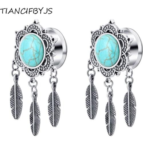 TIANCIFBYJS Ear Expander Body Jewelry 1 Pair Organic Feather Dangle Chain Flower Flesh Tunnel Piercing Saddle Plugs Flare Tunnel
