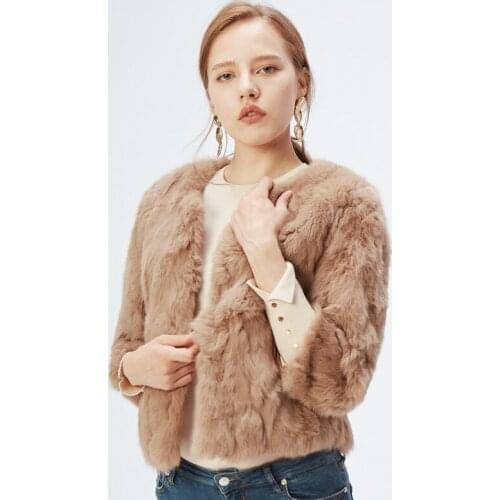 Real Rabbit Fur Coat Elegant Women Winter Outwear Girls O-Neck Three Quarter Sleeve Fur Short Jacket Ladies Slim Fur Overcoat