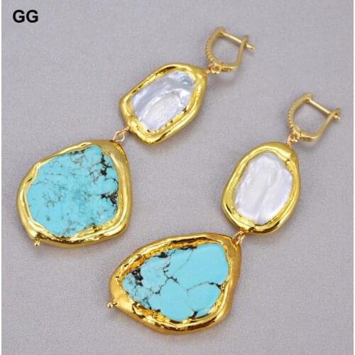GuaiGuai Jewelry Natural Cultured White Biwa Keshi Pearl Blue Turquoises Slice Leverback Earrings For Women