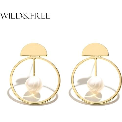 Wild & Free Trendy Freshwater Pearl Earrings for Women Gold Color Round Geometric Copper Earring Popular 2017 fashion Jewelry