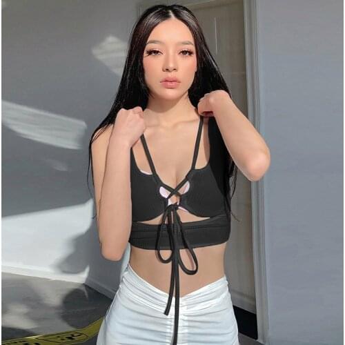 Women’s Fashion Solid Color Vest Sexy V-neck Hollow Out Bandage Self Cultivation Exposed Navel Sleeveless Tops