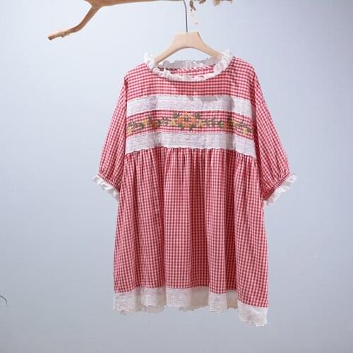 Women Oversized Top Summer New Mori Series Embroidery Flower Tops Short Sleeve Plaid Top NWM921-92