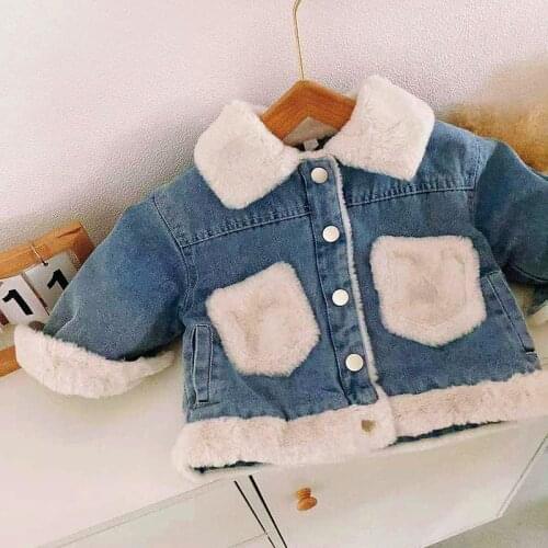 Winter Girls Denim Jacket Baby Coat Toddler Outwear Kids Warm Clothes New Fashion Fur White Pocket Faux Rabbit Hair 2 To 9 Yrs