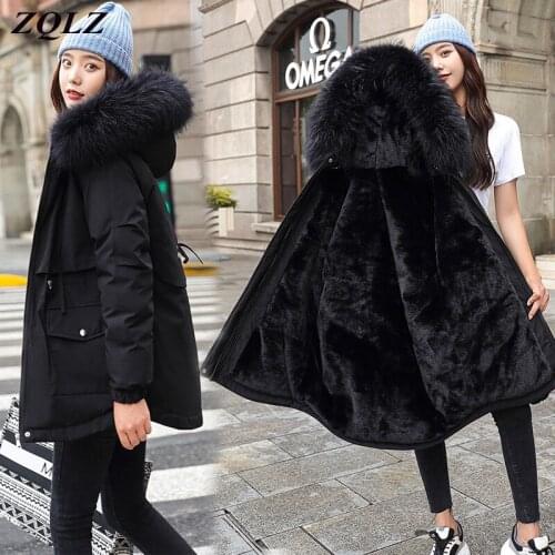 ZQLZ Womens Jacket Winter 2021 Hooded Fur Collar Plus Size Down Cotton Coat Female Warm Casual Slim Black Long Parka Mujer