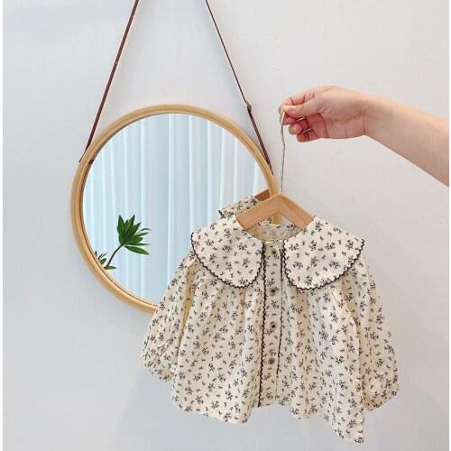 Spring Autumn Children Kids Long Sleeve Lapel Collar Vintage Floral Print Casual Girls Blouse Shirts Tops