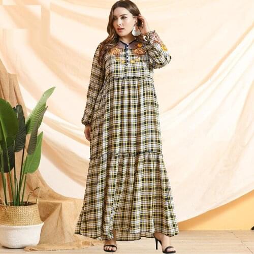 DOIB Women Plaid Mesh Patchwork Abya Maxi Dress Emboridery Lantern Full Sleeve Dress 2020 Autumn Muslim Plus Size Dress