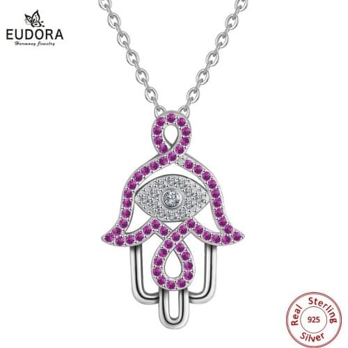 EUDORA 925 Sterling Silver Evil eye Hamsa hand Pendant Necklace Hand of Fatima Purple CZ Angel Caller Fine Jewelry Gift D308-1