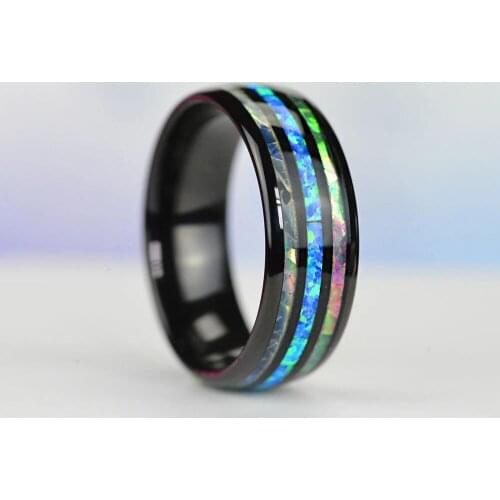 I & FDLK Personality Wedding Band 8MM Unique Abalone Shell and Opal Inlaid Black Stainless Steel Ring Jewelry Gift For Men Women