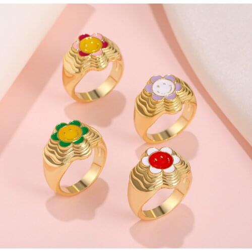 Smile Flower Drop Oil Ring Copper Rings for Women Cute Smile Ring Girl Summer Accessories Fashion Wholesale Jewelry