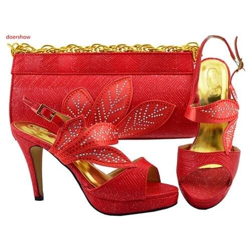 Doershow Fashion Italian Shoes With Matching Bags Set For Wedding And Party African Shoes And Bag Sets With Rhinestones SFG1-31