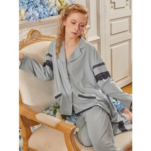 Fashion Cotton Womens Long Sleeve Pajamas Sets Turn-down Collar Vintage Nightsuits Sweet Girls' Loose Pyjamas Autumn Spring