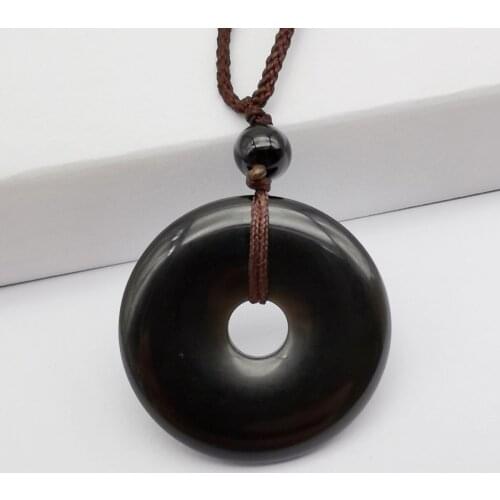 Natural Black Obsidian Stone Carved Safety Button Pendant Necklace Adjustable Nylon Rope Braid Jewelry F112