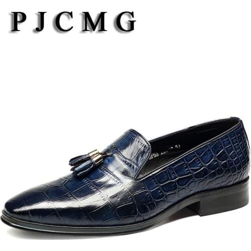PJCMG New Fashion Comfortable Black/Blue Genuine Leather Elastic Band Pointed Toe Flat Man Casual Classic Gentleman Shoes