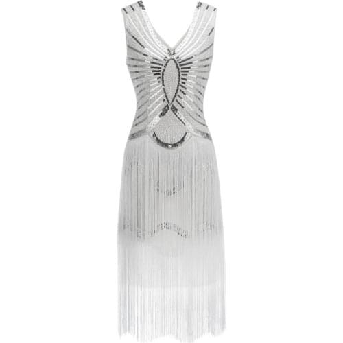 XXXL Plus 1920s Gatsby Charleston Sequin White Bead Fringe Flapper Dress Robe Double V-Neck Sleeveless Tiered Tassel Party Dress
