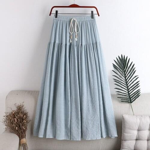 Bowtie Lace Up Summer Women Skirts Cotton Linen High Waist Slim A-Line Pleated Skirt Patchwork Long Midi Skirt OL Jupe Femme