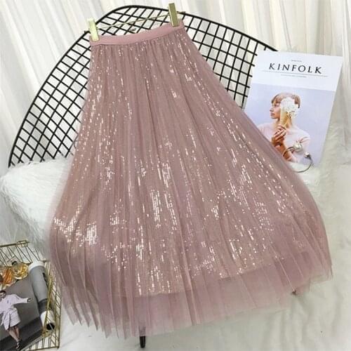 Spring Summer Skirts Women Korea Long Tulle Skirt Sequined Pleated A Line Midi Skirt Chic High Waist Skirt Female
