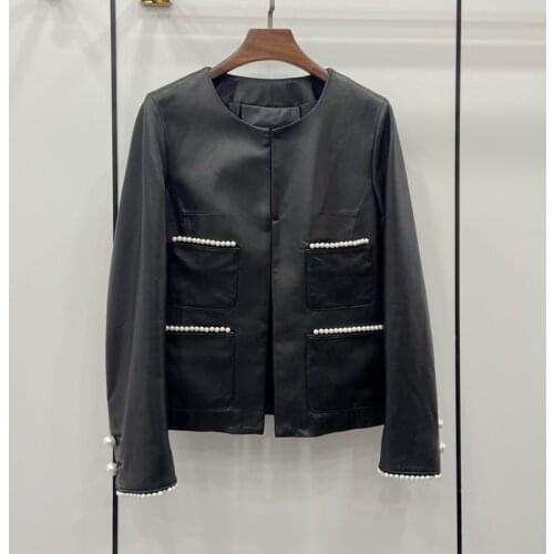 Natural Leather Women Lambskin Leather Bomber Biker Jacket Long Sleeves 100% Sheepskin Leather Coat H802