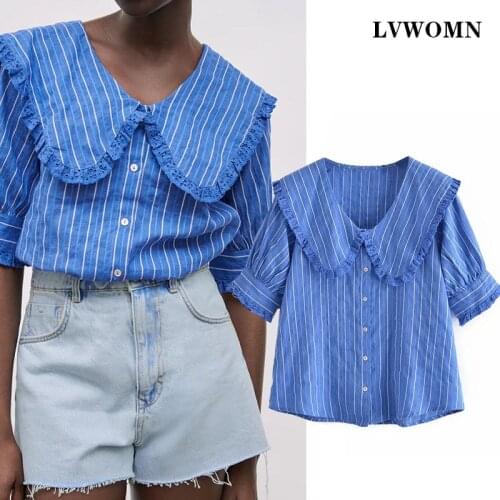 LVWOMN Women Blouses Fashion 2021 Summer Elegant Blue Stripes Short Sleeve Shirt Fashion Lapel Women Clothing Vintage Tops Chic