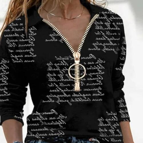 Ladies T-shirt Letter Print Half-Zip V-Neck Long Sleeve Plus Size Tops Spring Autumn Women Casual Slim Ladies Street Blue Tops