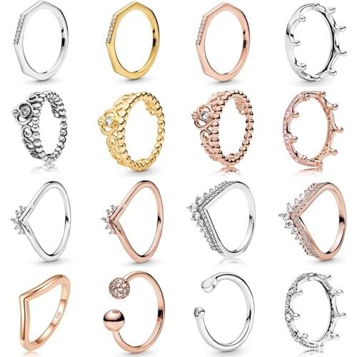 16 Styles New 3 Color Crown Love Heart Silver Color Crystal Rings For Women Wedding Party Jewelry