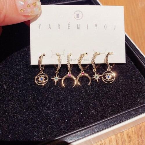 Mixed Styles Fancy Horn Saturn Star Dangle Earrings Pack Gold Color Cubic Zirconia Earrings for Women