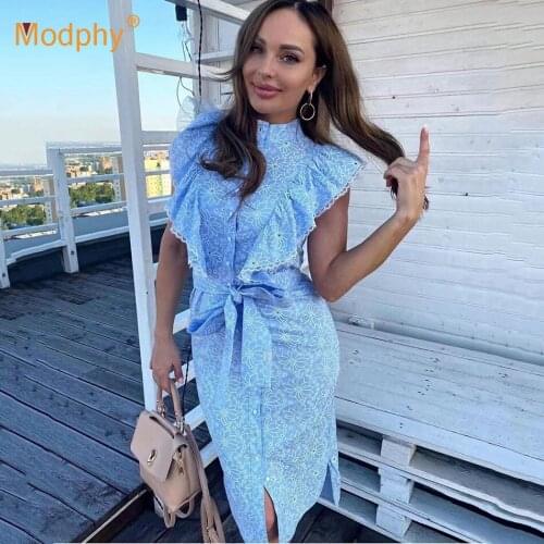 Free Shipping Elegant Embroidered Women Dress Sleeveless Ruffled Single-Breasted Lace-Up Dresses Female Party Clothing 2021 New