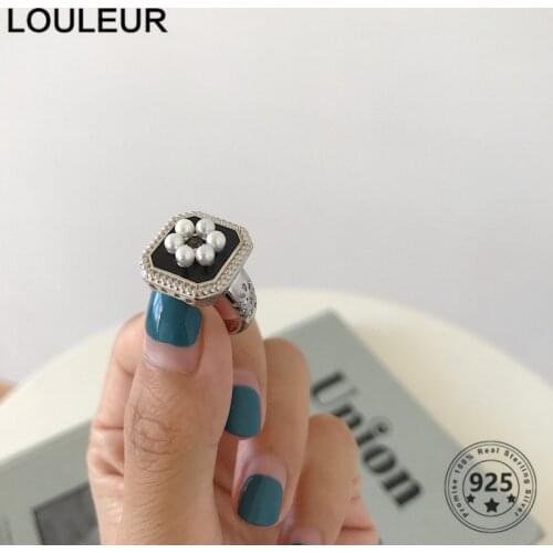 LouLeur Square 925 Sterling Silver Ring Retro Drip Glaze Flower Rings For Fashion SimpleWomen Adjustable Ring Silver 925 Jewelry