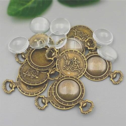 10sets/lot 20mm Round Antique Bronze Alloy diy Cameo base Setting Pendant+Clear Glass Cabochons Beads Jewelry finding A1020