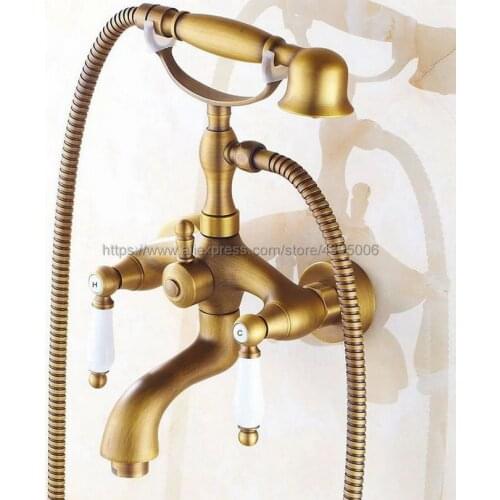 Antique Brass Wall Mount Tub Faucet with Handshower Telephone Style Wall Mount Dual Handles Bathtub Sink Mixer Taps Btf315