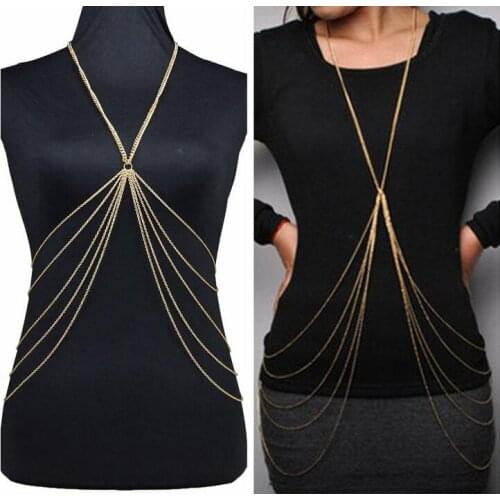 Shiny gold trendy chain tassel layered body chain jewelry for women