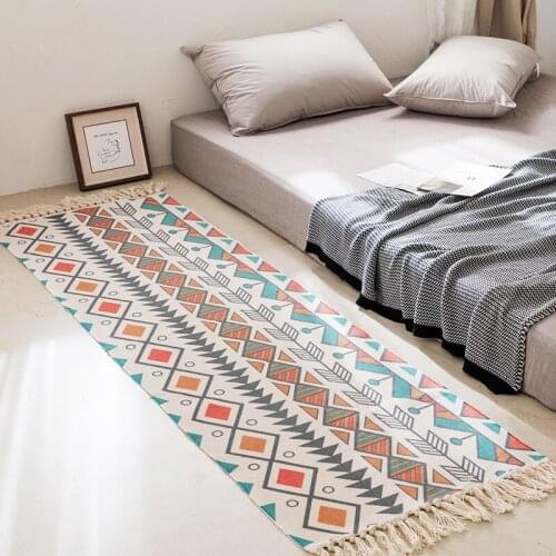 Boho Style Tassel Cotton Linen Geometric Pattern Carpet For Living Room Bedroom Bedside Floor Mat Retro Geometric Long Rugs