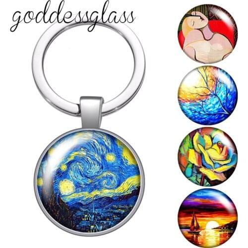 Van Gogh Oil Paintings Vintage images Round glass cabochon keychain Bag Car key chain Ring Holder Charms keychains Gifts