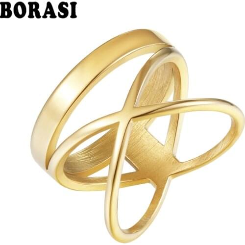 BORASI Trendy Round Plus Cross Ring For Women Wedding Bands Rings Gold Color Fashion Jewelry Stainless Steel Party New Rings