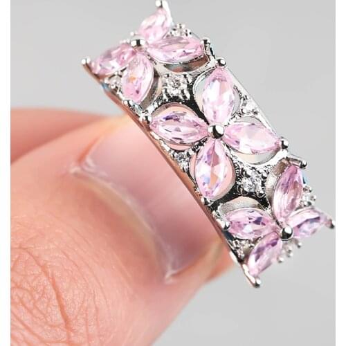 Charming Pink Crystal Rings for Women Wedding Engagement Rhinestone Flower Petal Band Ring Party Jewelry Accessories Gift