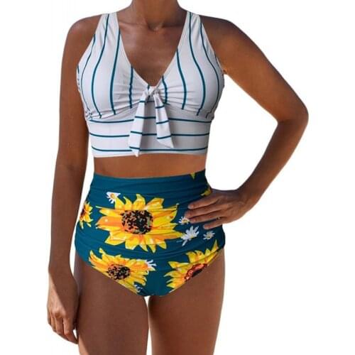 High Waist Swimsuit Retro Bikini Swimwear Striped Tankini Push Up Floral Print Tie Bathing Suit Beachwear Women Swimming Suit