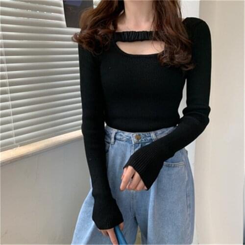 Fashion Design Womens Slim Sweaters Korean New Solid Color Knitted Buttoming Pullovers For Female All-match Ribbed Jumpers Fall
