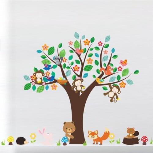 Cartoon Animals Floral Tree Wall Sticker For Kindergarten Kids Room Home Decor Rabbit Fox Monkey Safari Mural Art Decal