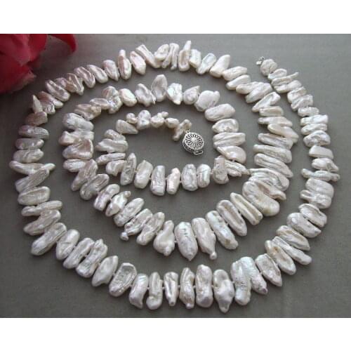 New charming!natural white biwa pearl necklace 50" earring set