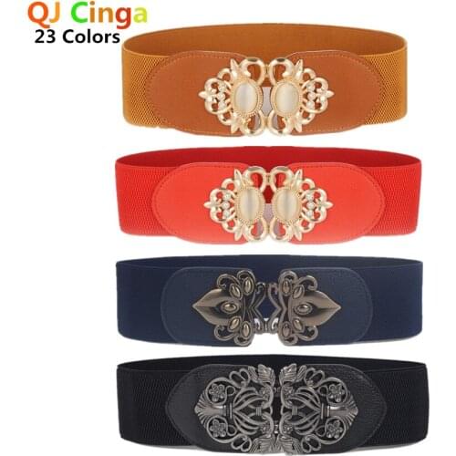 23 Types New Women Elastic Wide Belt Thick Vintage Totem Print Stretch Leather Waist Belt for Dress Corset Cinch Waistband 85cm